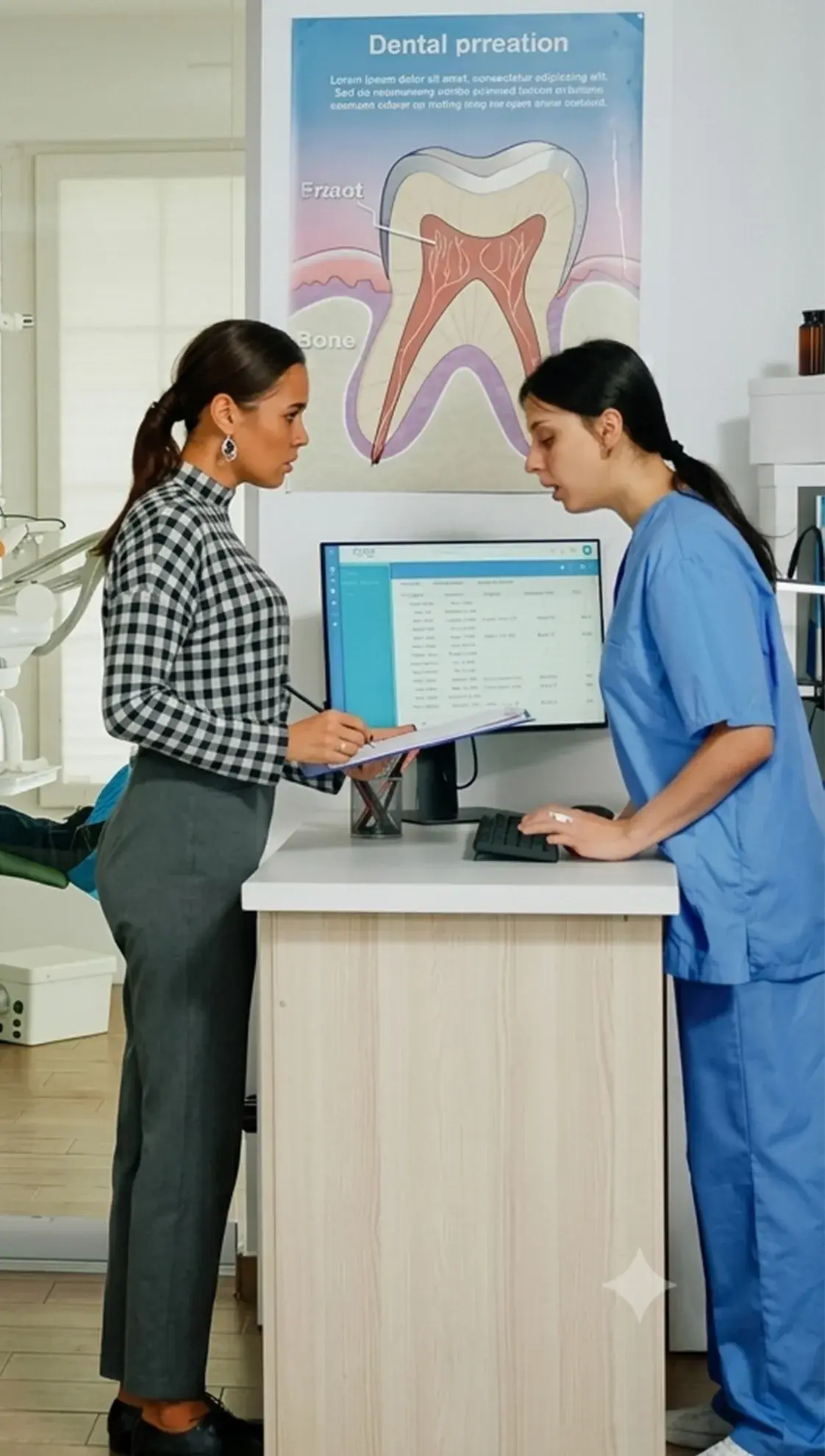 A patient and a team member going through her chart together at the practice desk