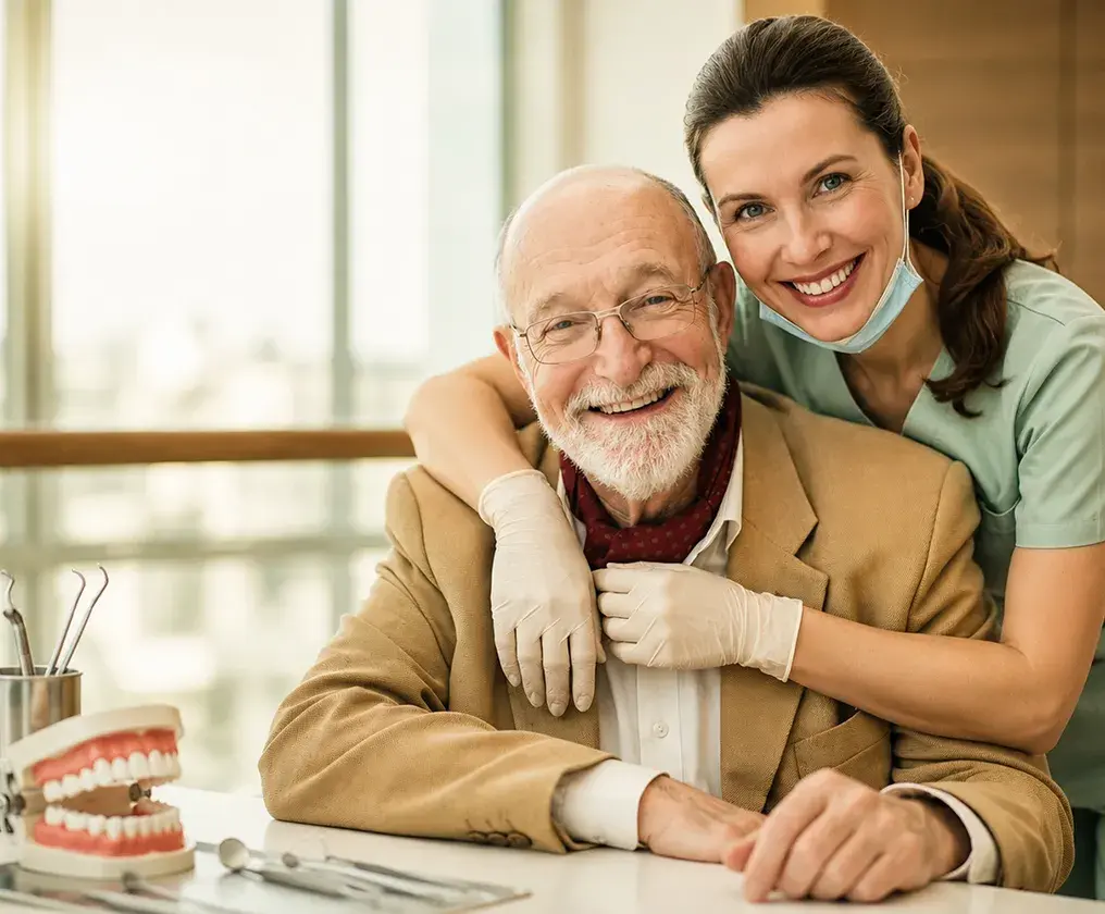 A friendly receptionist smiling while helping a patient at the front desk
