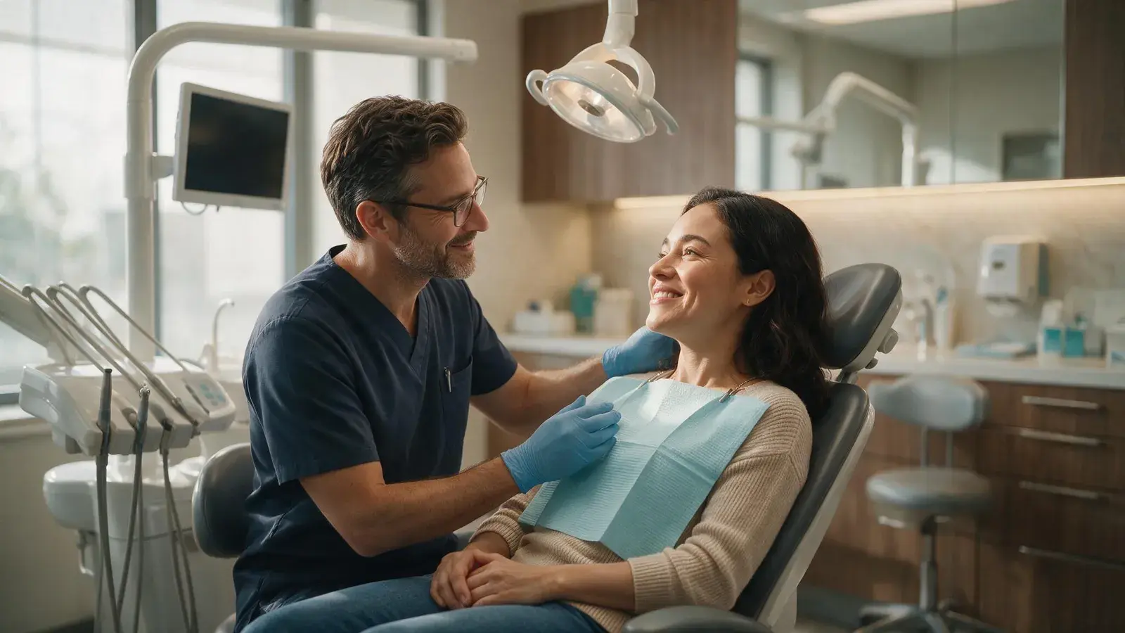 A dentist reassuring a smiling, relaxed patient in the treatment chair