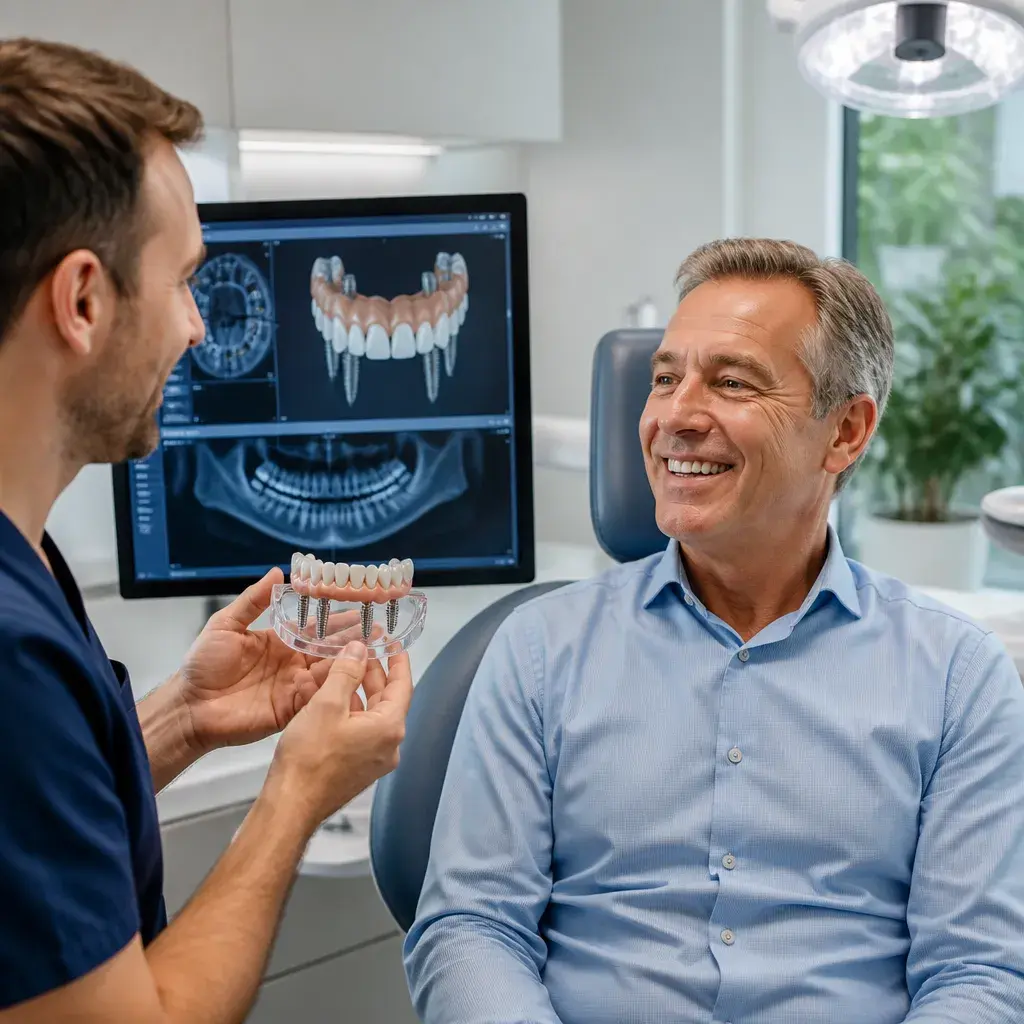 A clinician showing a full-arch implant bridge model to a smiling patient, his treatment plan on the screen behind