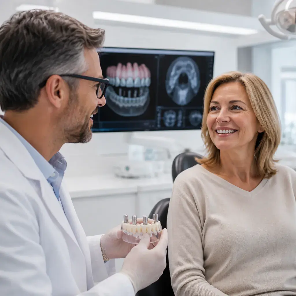 A dentist talking a patient through a full-arch implant bridge, her 3D scan on the screen behind