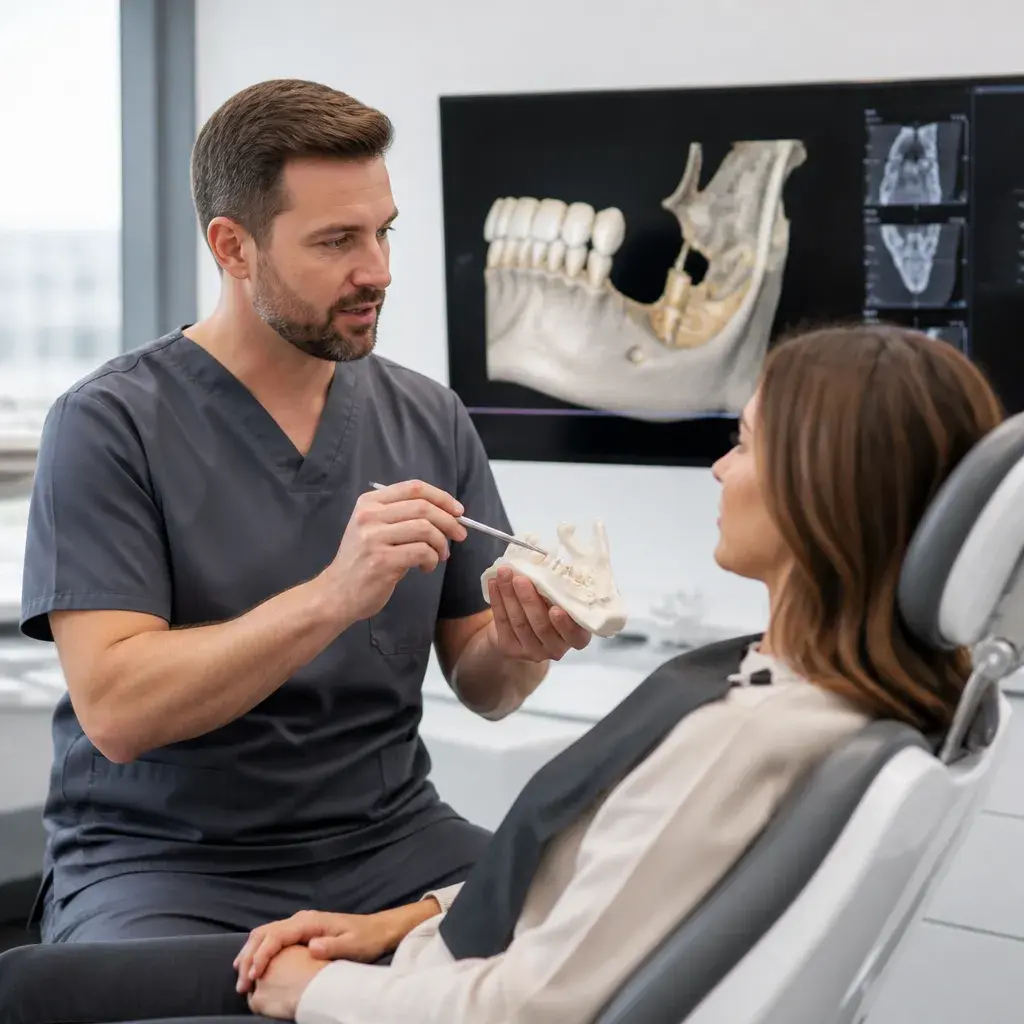 A clinician pointing out the jaw bone on a model for a patient, a 3D scan of her jaw on the screen behind