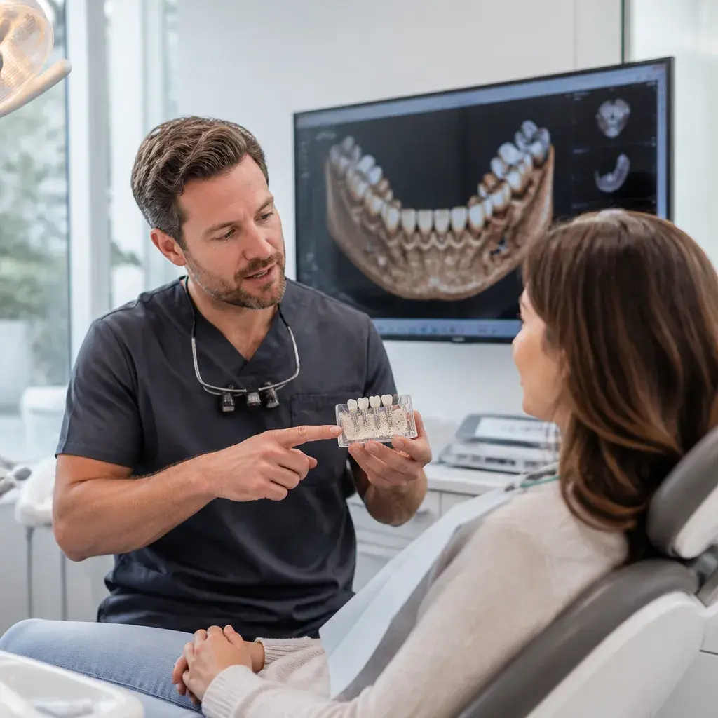 A dentist explaining a bone graft site on a model, a 3D scan of the lower jaw on the screen behind