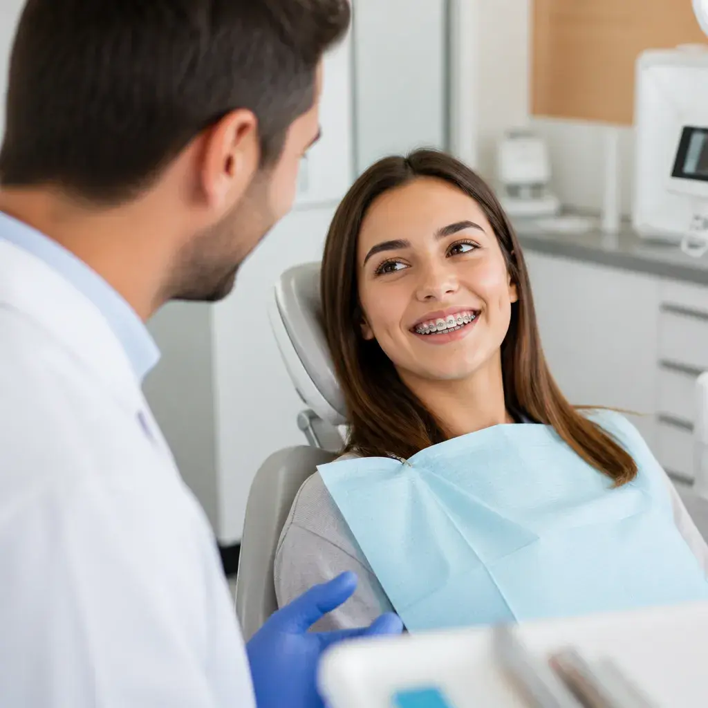 A dentist chatting with a smiling young patient wearing metal braces in the treatment chair