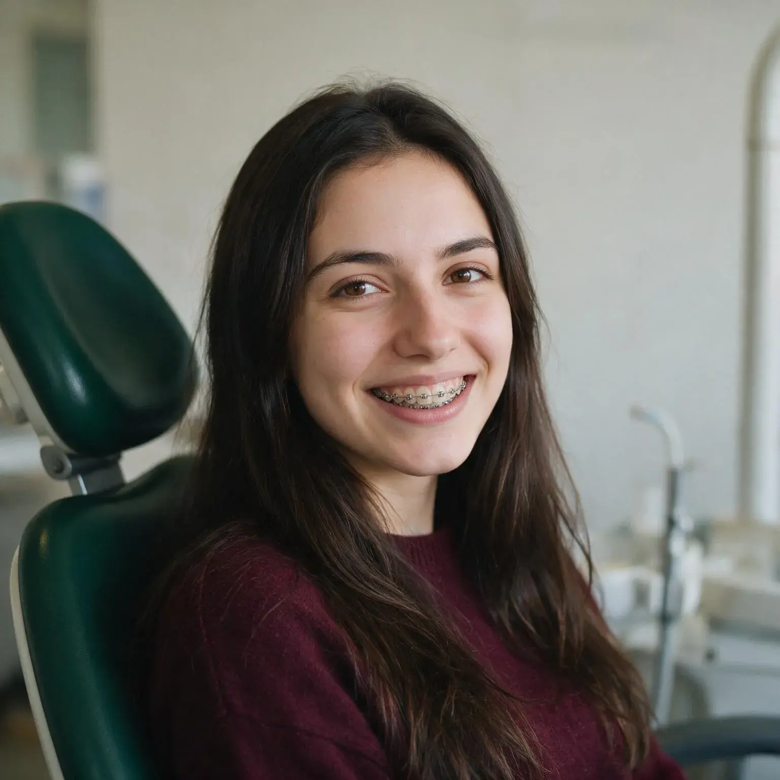 A young patient smiling with her braces on, partway through treatment