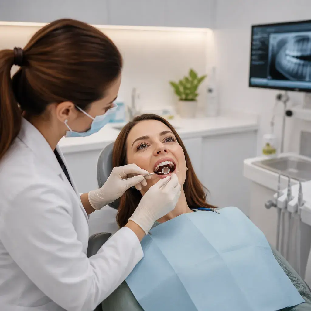 A smiling patient having her teeth checked, with her X-ray on the screen behind her