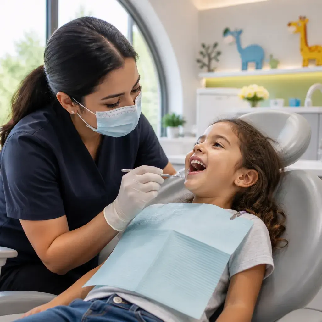 A young girl laughing in the chair while a hygienist checks her teeth in a colourful children's room