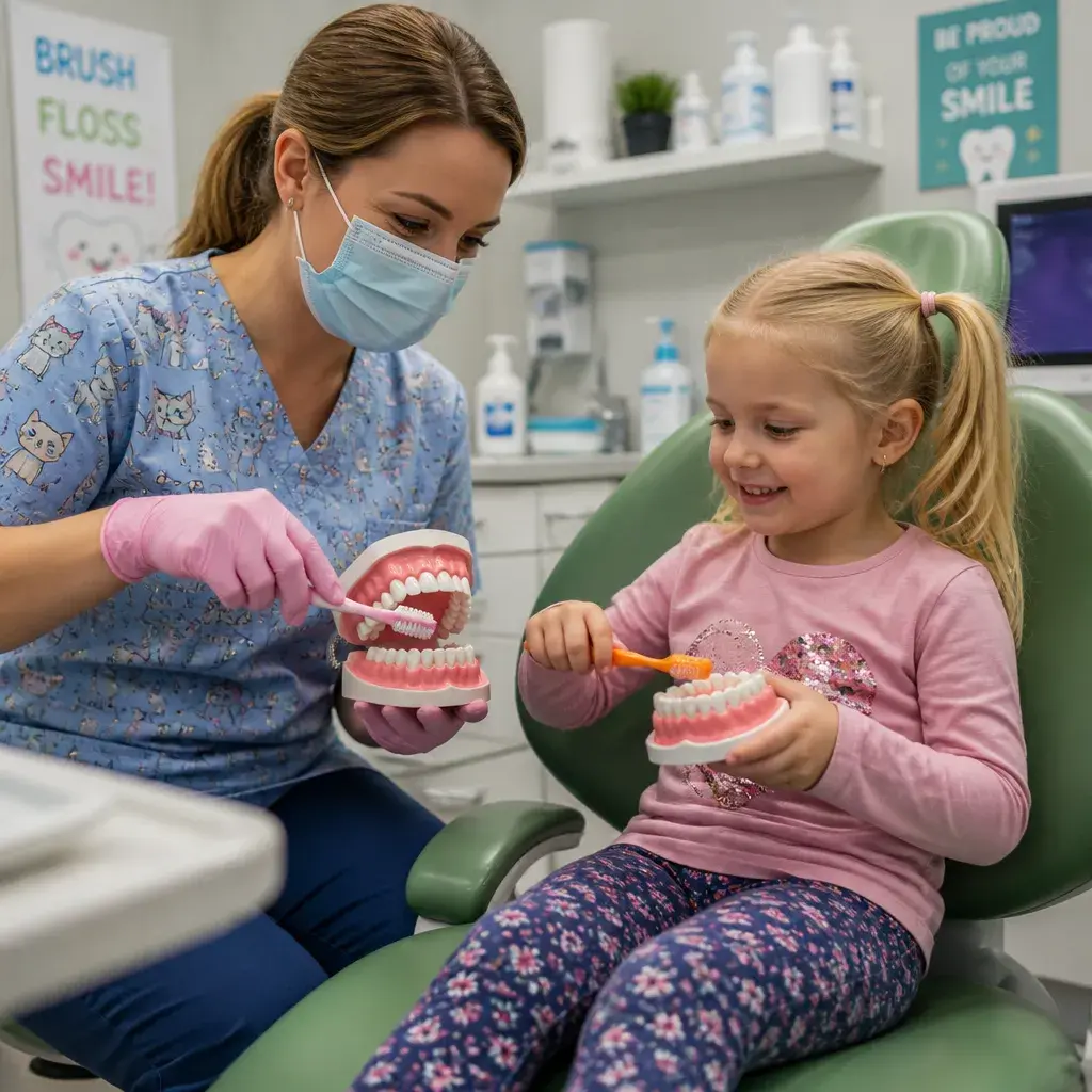 A hygienist teaching a young girl how to brush using a model of teeth