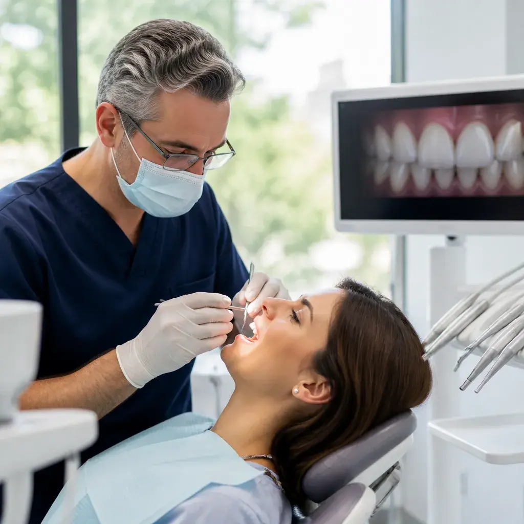 A dentist examining a patient's teeth with a mirror, a close-up of her upper teeth on the screen behind