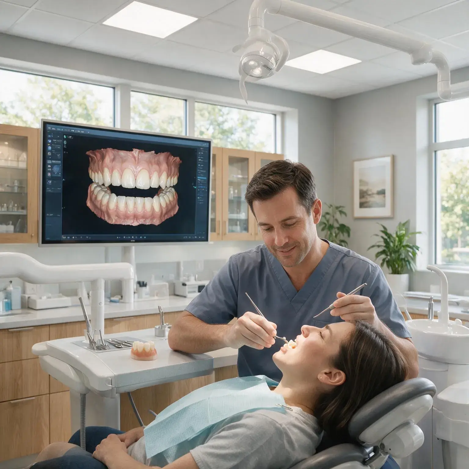A dentist preparing a tooth for a crown, a digital 3D scan of the patient's bite on the screen behind