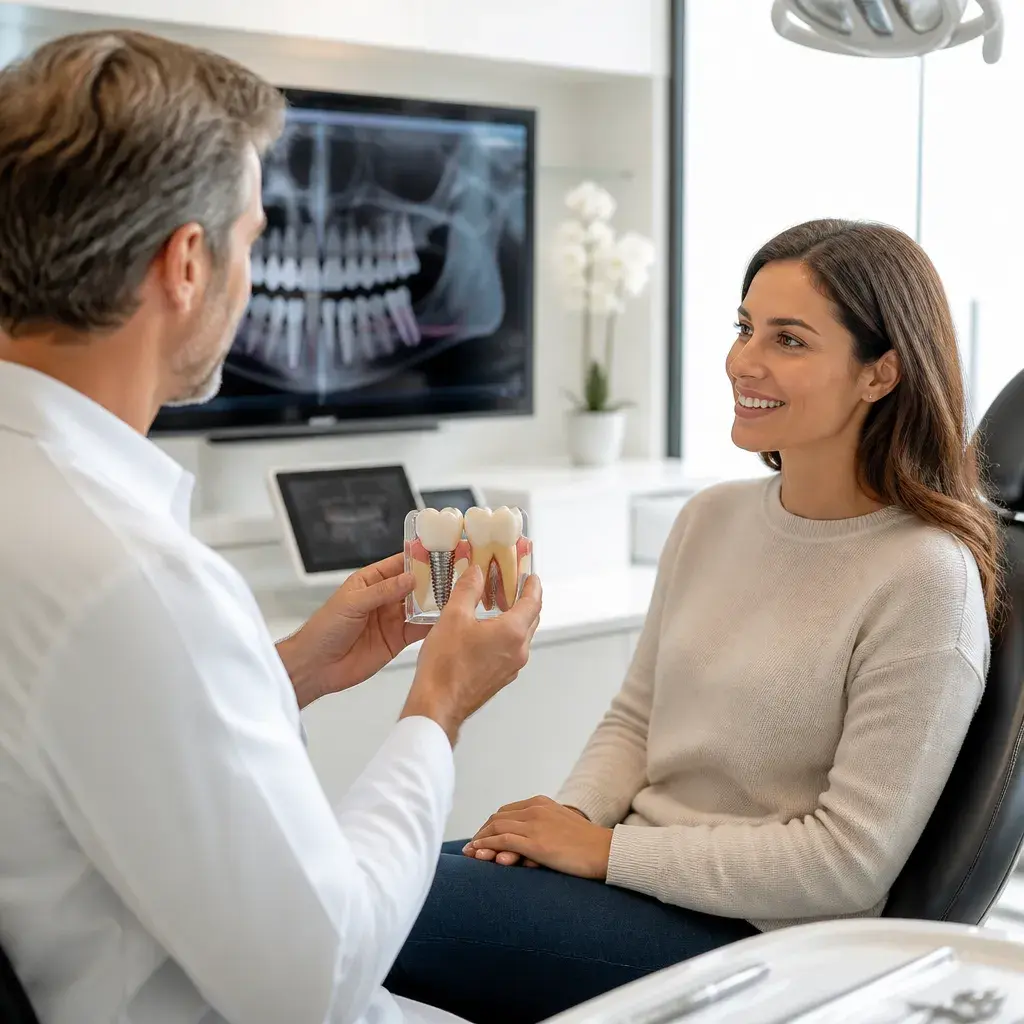 A dentist showing a patient a single-implant model, her implant X-ray on the screen behind