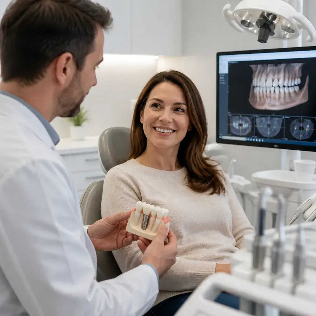 A dentist explaining an implant model to a smiling patient, her 3D scan on the screen behind