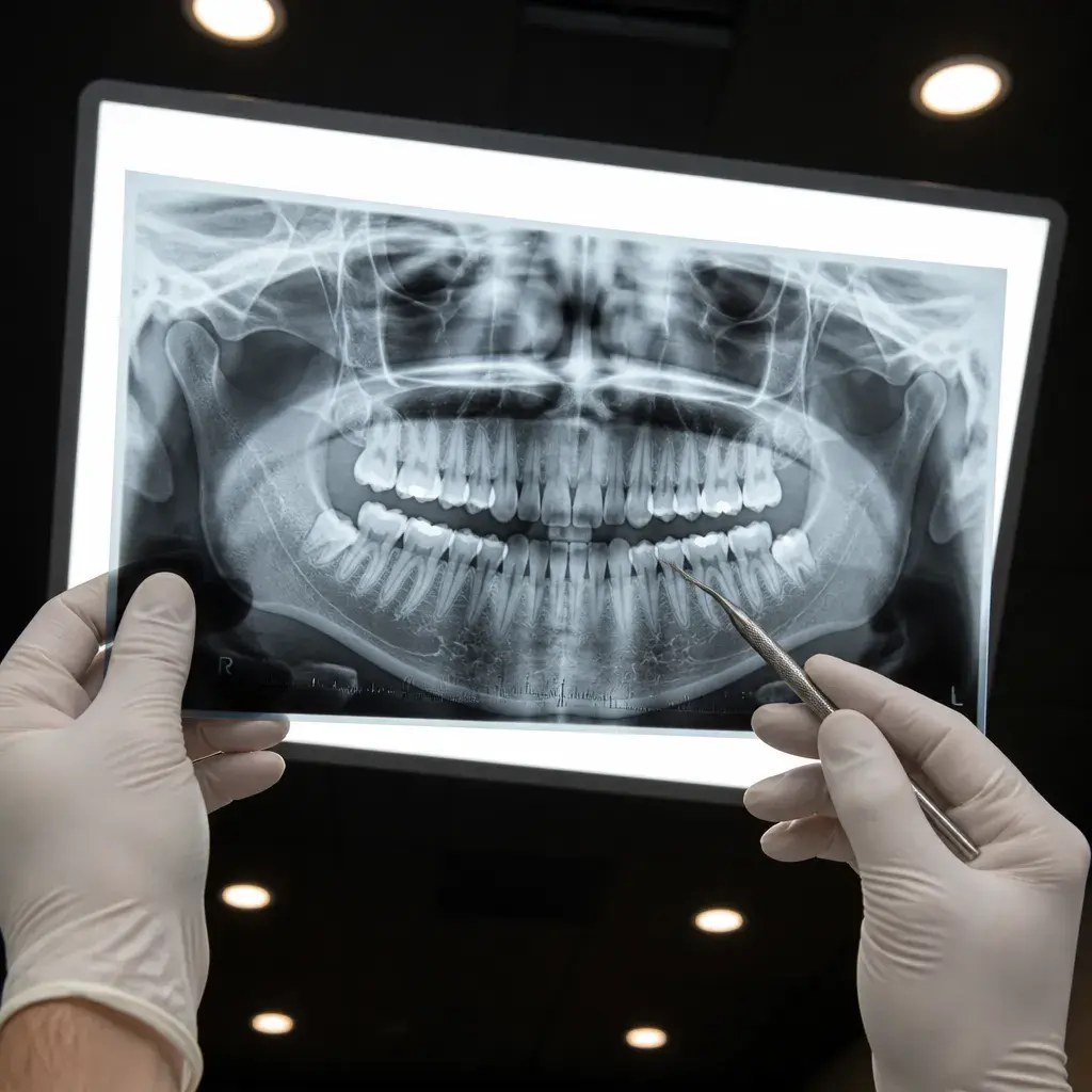 A dentist reviewing a patient's panoramic X-ray on a lightbox while planning an implant