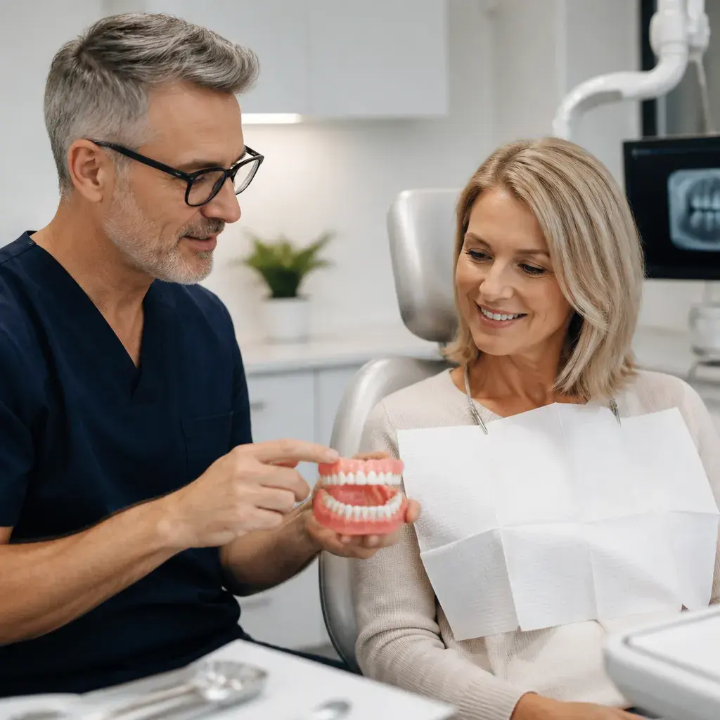 A dentist showing a full denture to a smiling patient in the treatment chair