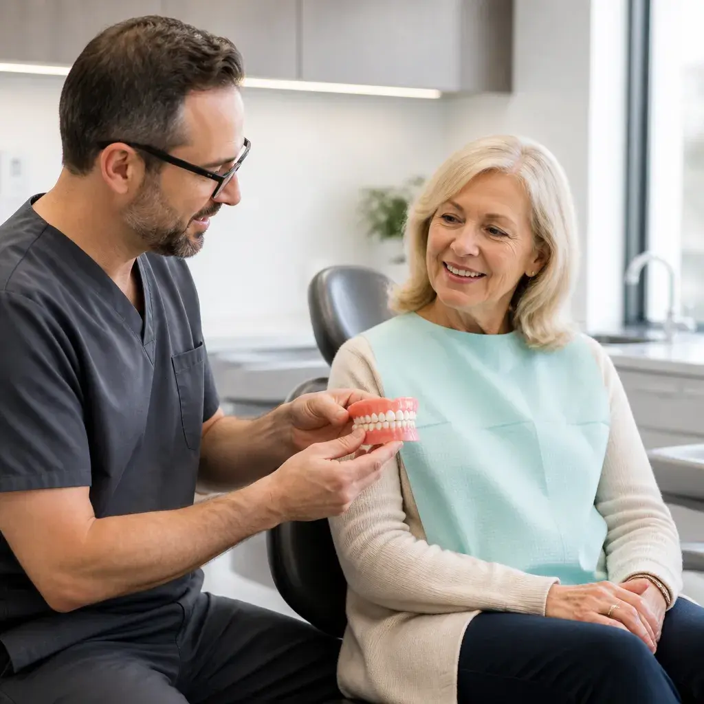 A dentist talking a patient through a new set of dentures at her fitting appointment