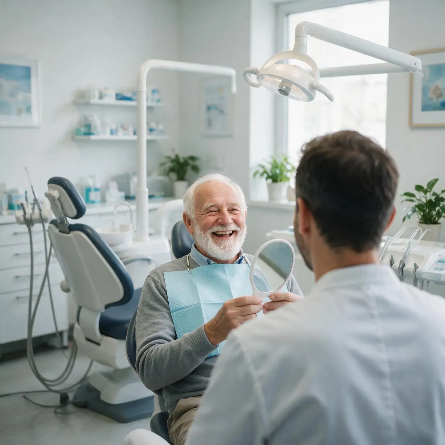 An older patient laughing as he sees his new smile in a hand mirror