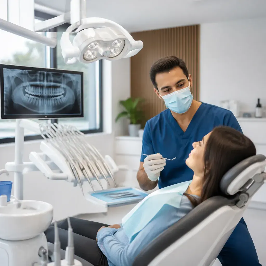 A dentist examining a relaxed patient, her panoramic X-ray on the screen behind