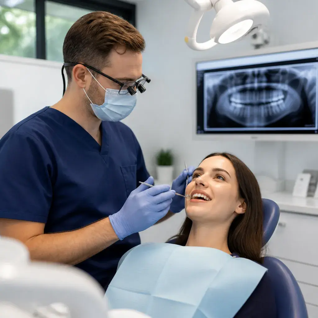 A dentist checking a smiling patient's wisdom teeth, her panoramic X-ray on the screen behind