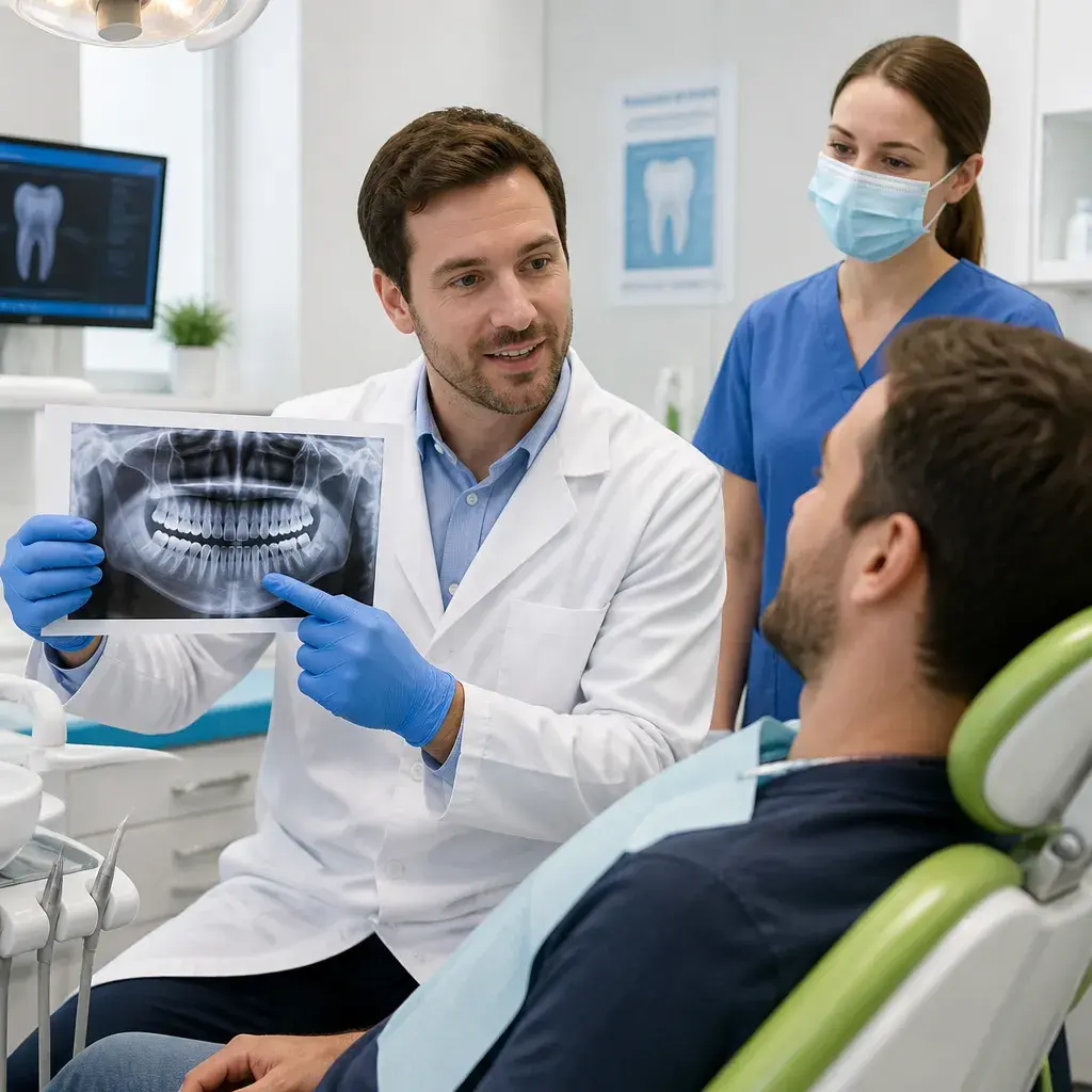 A dentist showing a patient her panoramic X-ray while an assistant looks on