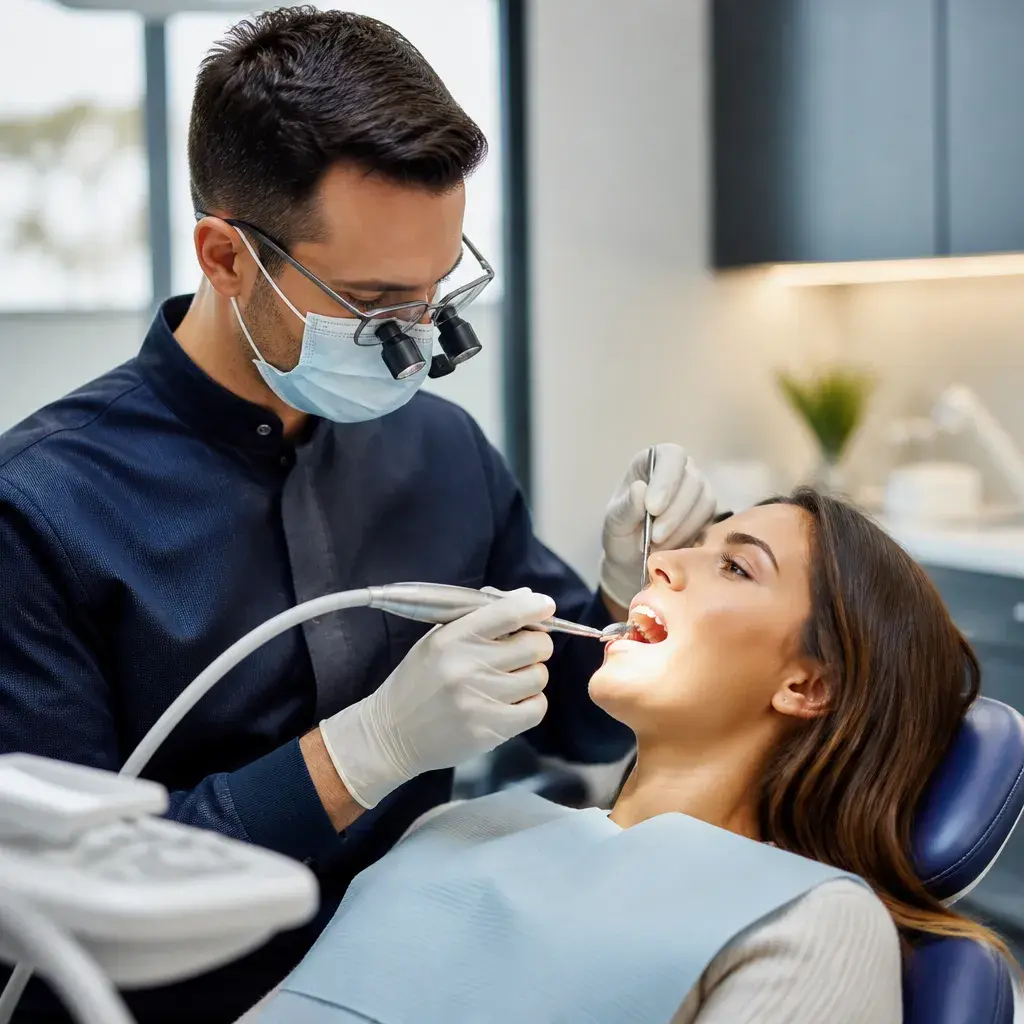 A dentist wearing magnifying loupes placing a tooth-coloured filling for a patient in the treatment chair