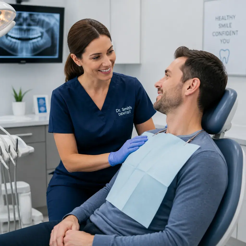 A clinician reassuring a relaxed patient in the dental chair