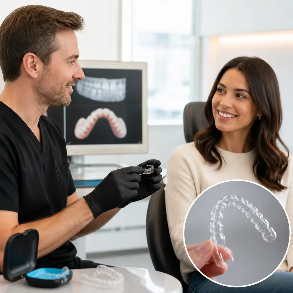 A clinician handing a patient her clear aligner, with her digital treatment plan on the screen behind