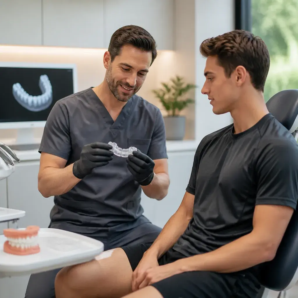 A dentist showing a custom-fitted clear mouthguard to a young sportsperson in the treatment chair