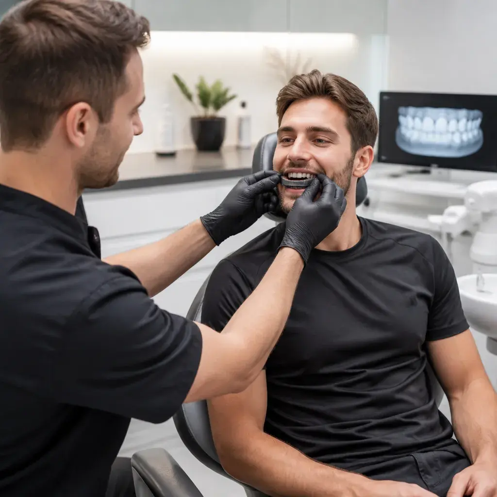 A dentist fitting a custom mouthguard for a smiling young man, a scan of his teeth on the screen behind