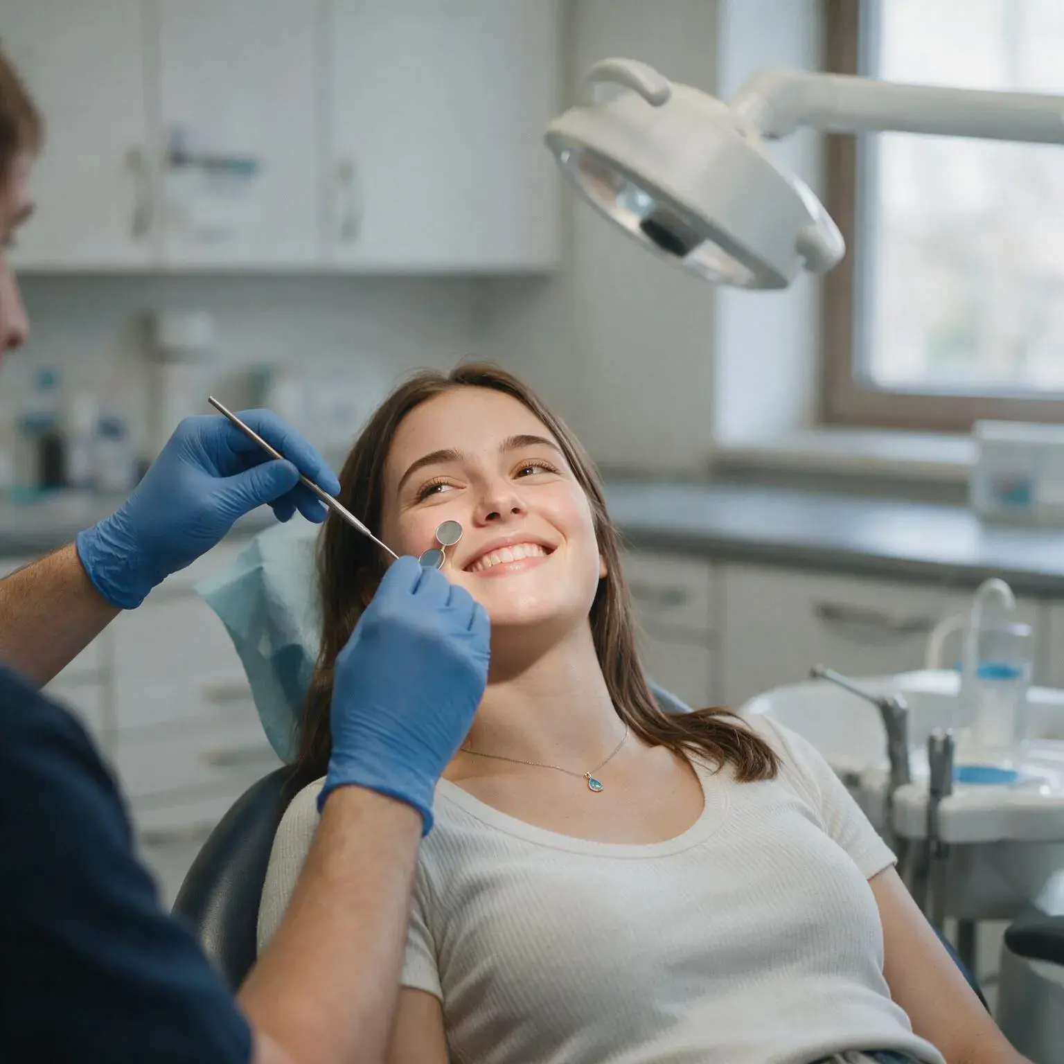 A young patient smiling while her teeth and bite are checked