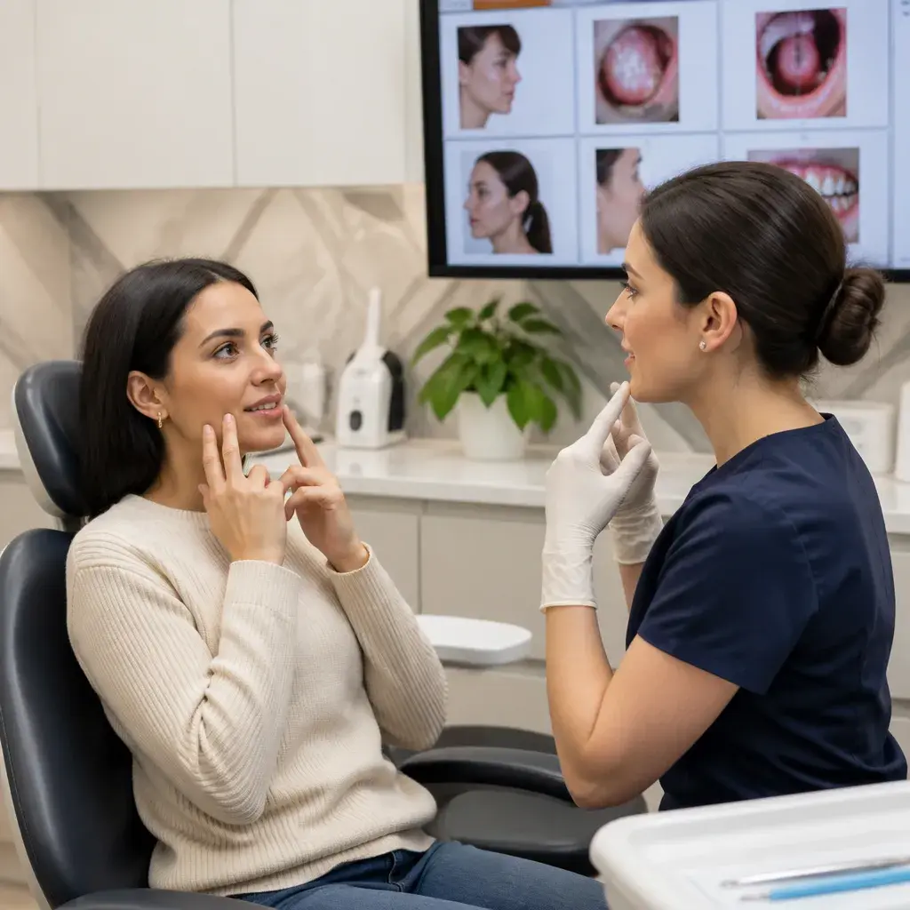 A clinician guiding a patient through a tongue and facial muscle exercise, oral photographs on the screen behind