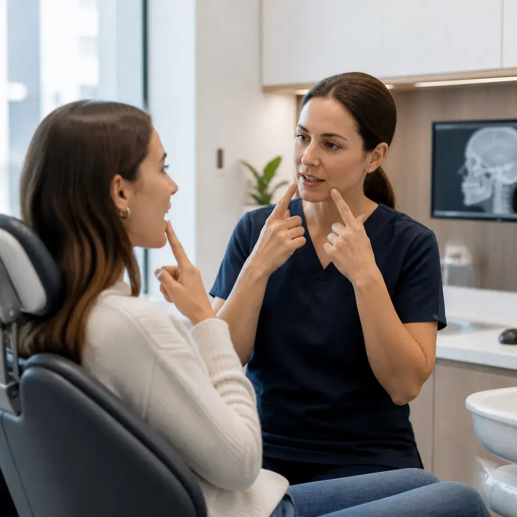 A clinician demonstrating a facial muscle exercise for a patient in the treatment chair