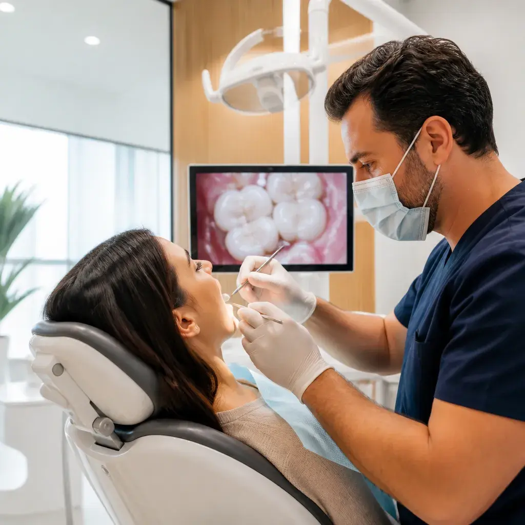 A dentist examining a back tooth, a close-up of the molars on the screen behind