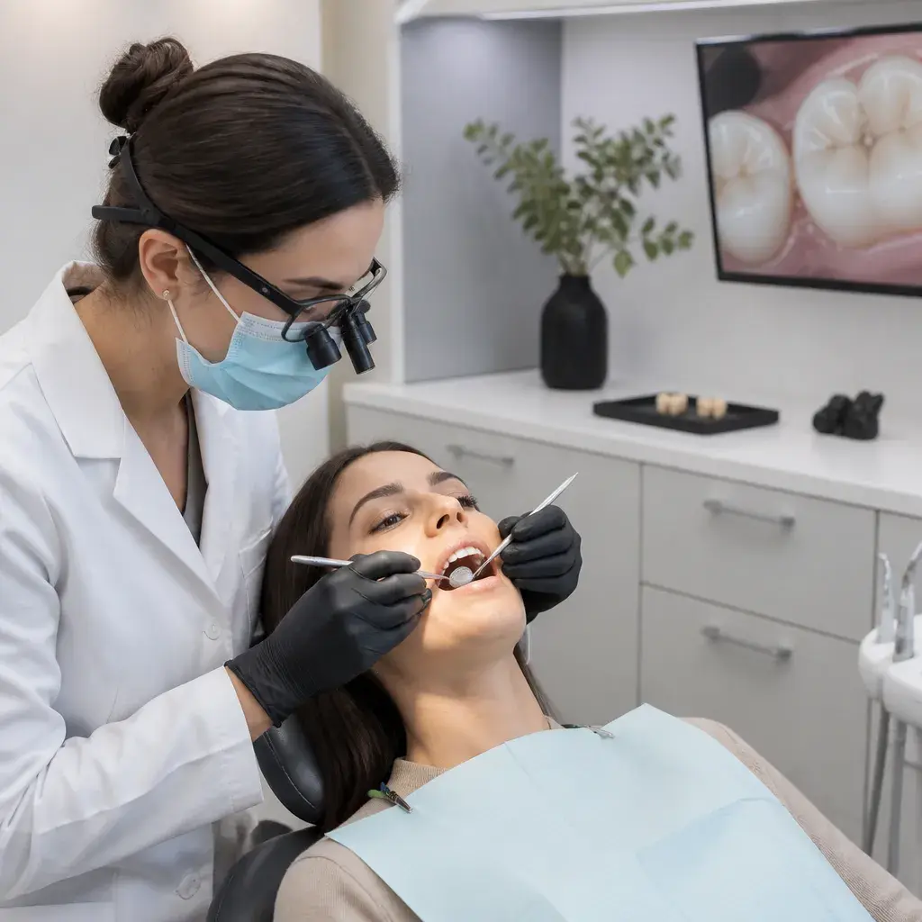 A dentist checking a patient's molars under magnification, with ceramic shade samples on the tray