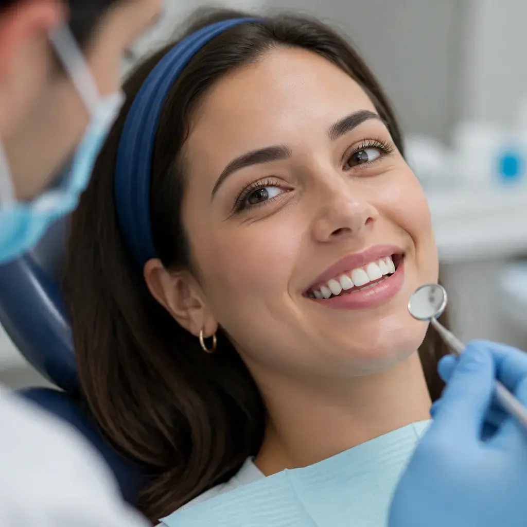 A relaxed patient smiling as her restored teeth are checked