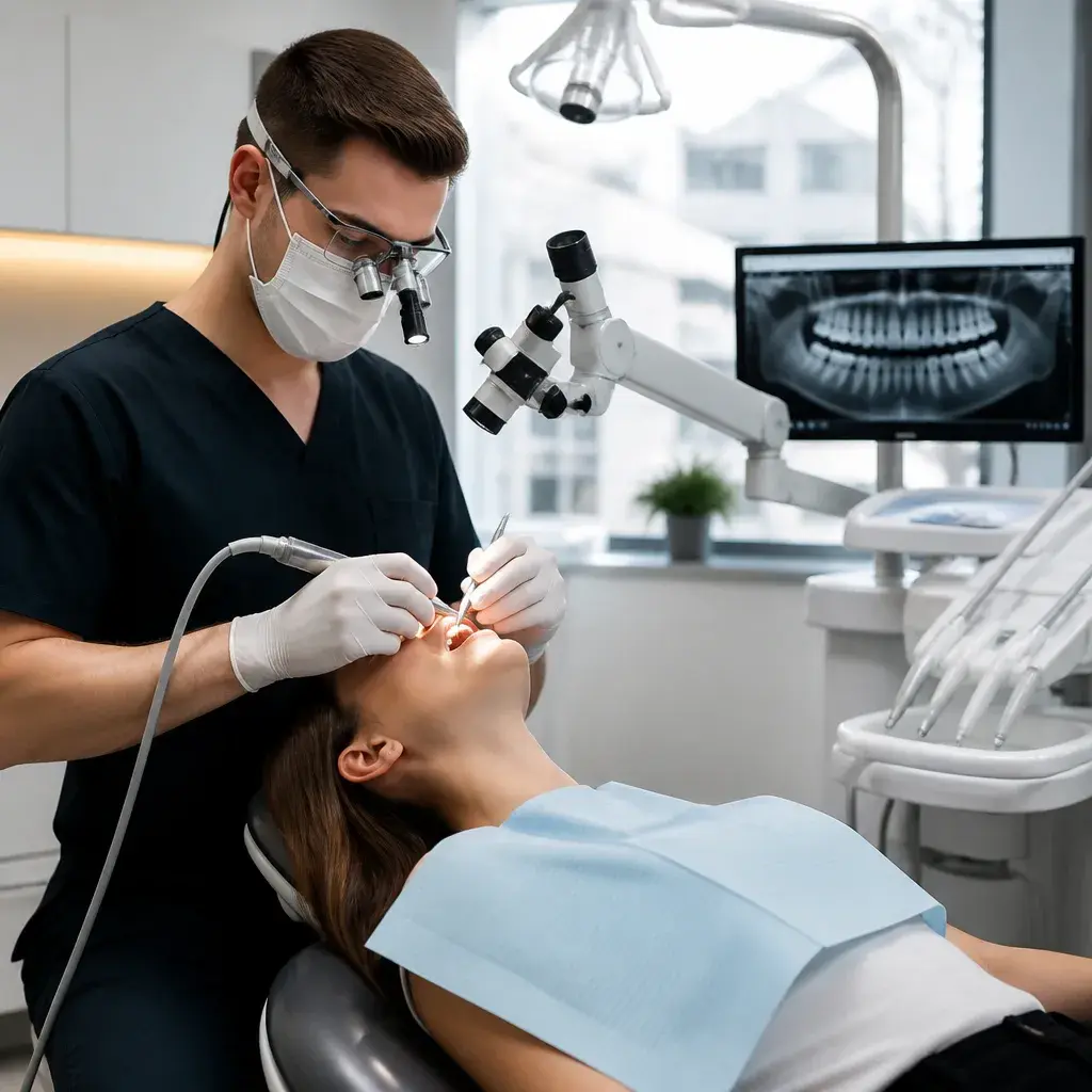 A dentist using a treatment microscope during root canal therapy, the patient relaxed in the chair