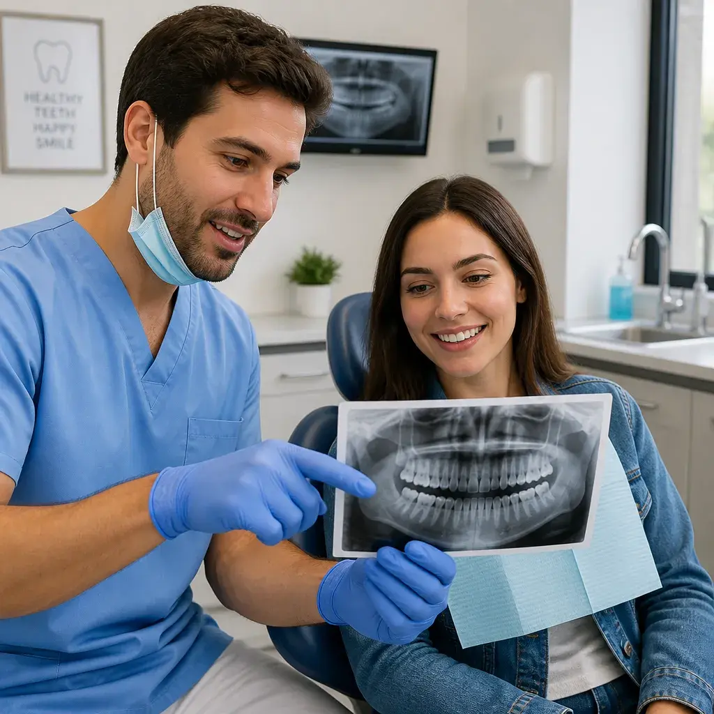 A dentist pointing out a tooth on an X-ray for a smiling patient