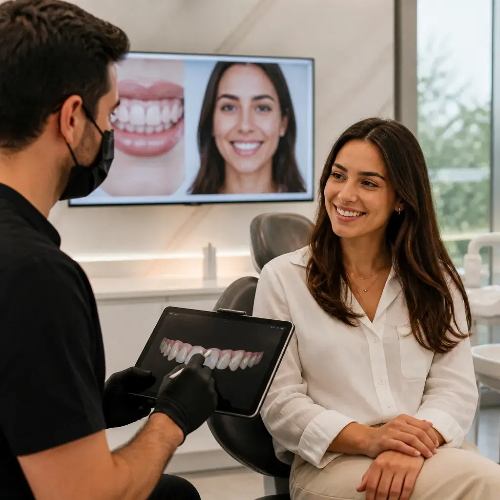 A dentist showing a patient her digital smile design on a tablet, before-and-after images on the screen behind