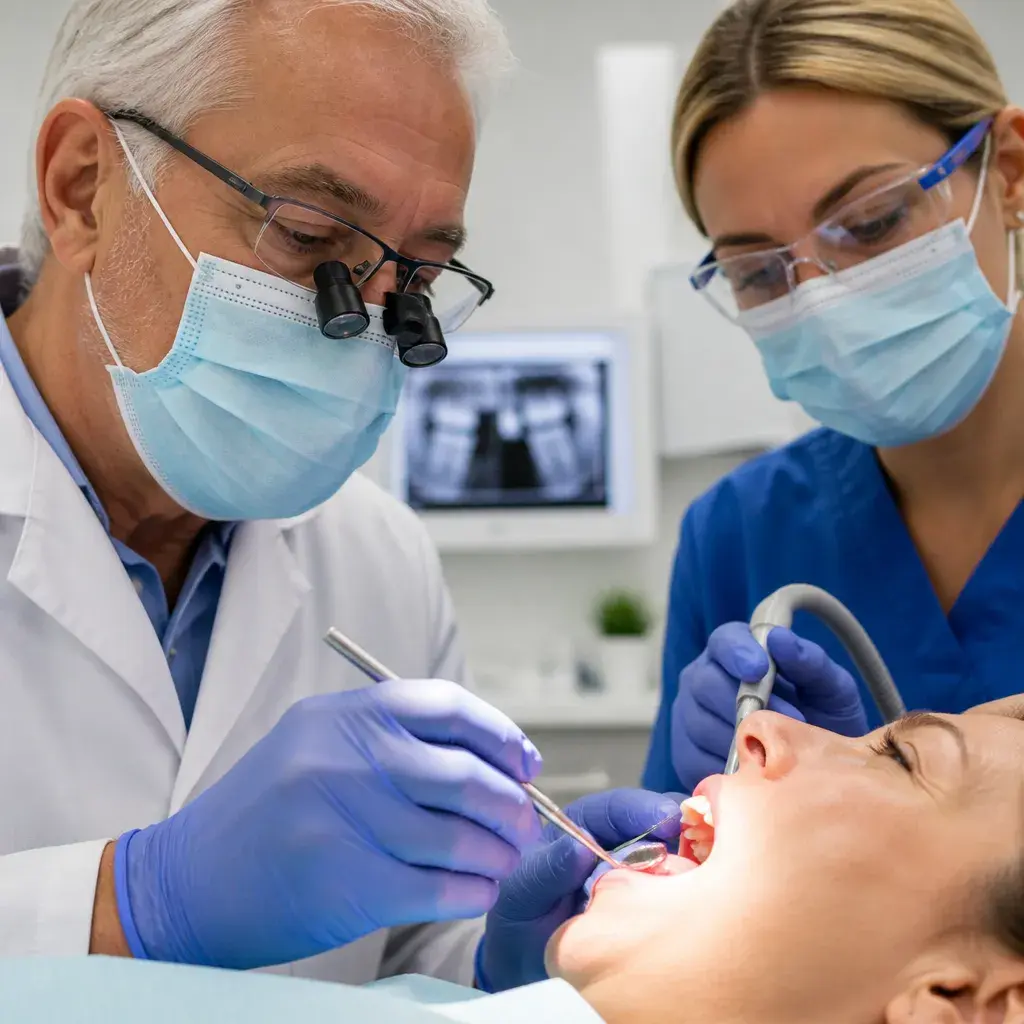 A dentist working closely with an assistant on a patient in the treatment chair