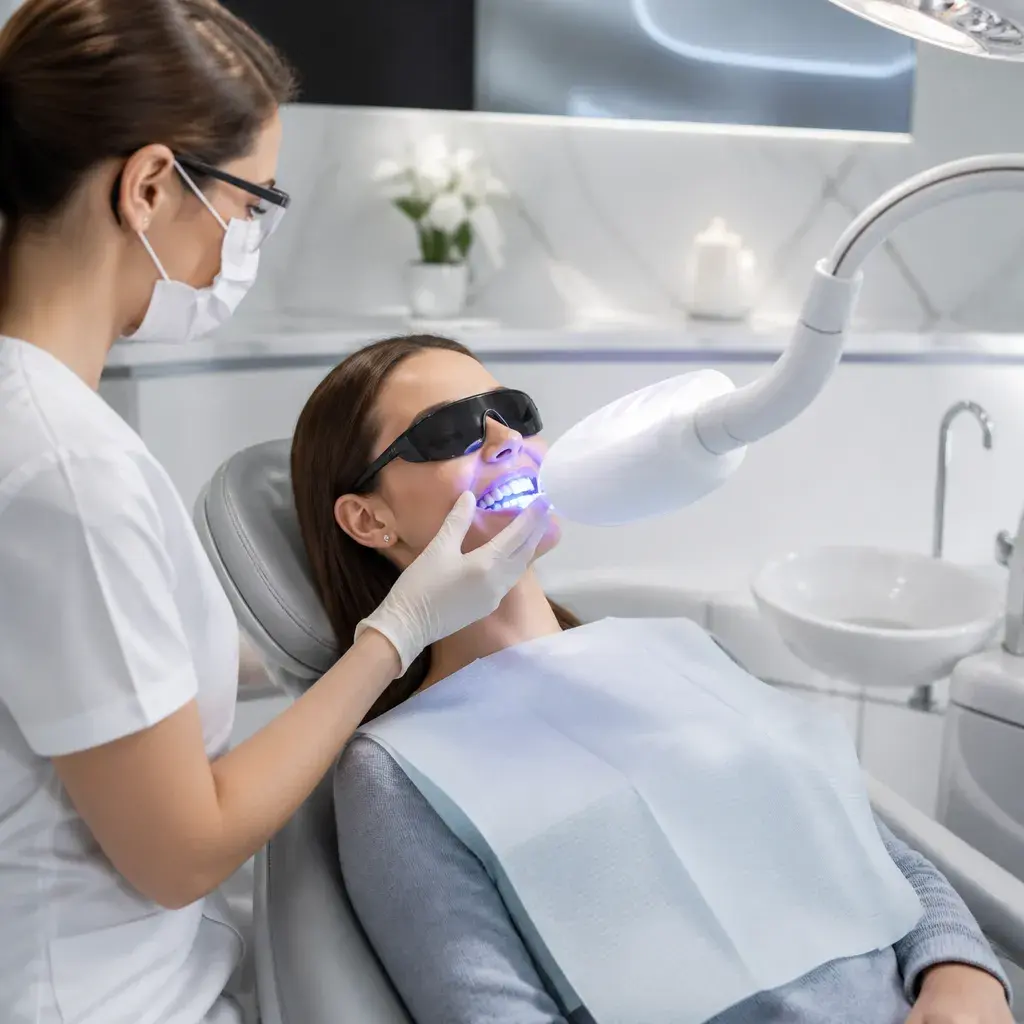 A clinician positioning a whitening lamp for a patient wearing protective glasses