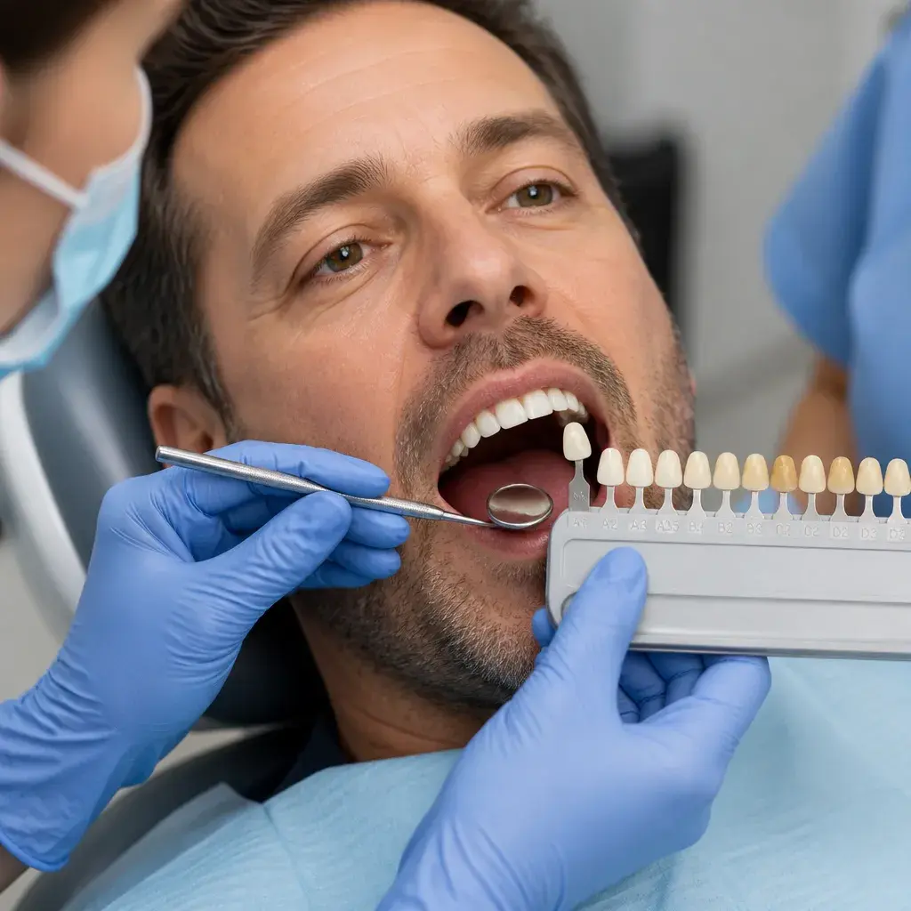 A dentist checking a patient's tooth shade against a shade guide