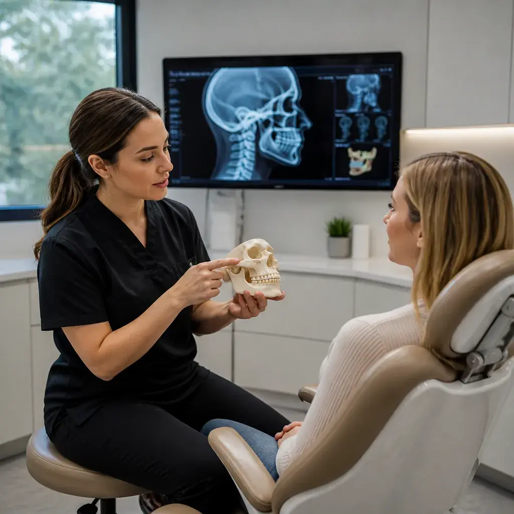 A clinician showing a patient the jaw joint on a skull model, with jaw scans on the screen behind