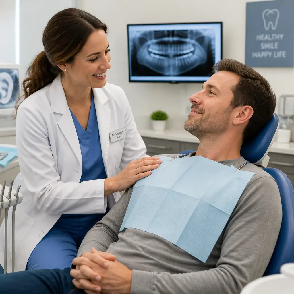 A dentist reassuring a relaxed patient before a jaw assessment