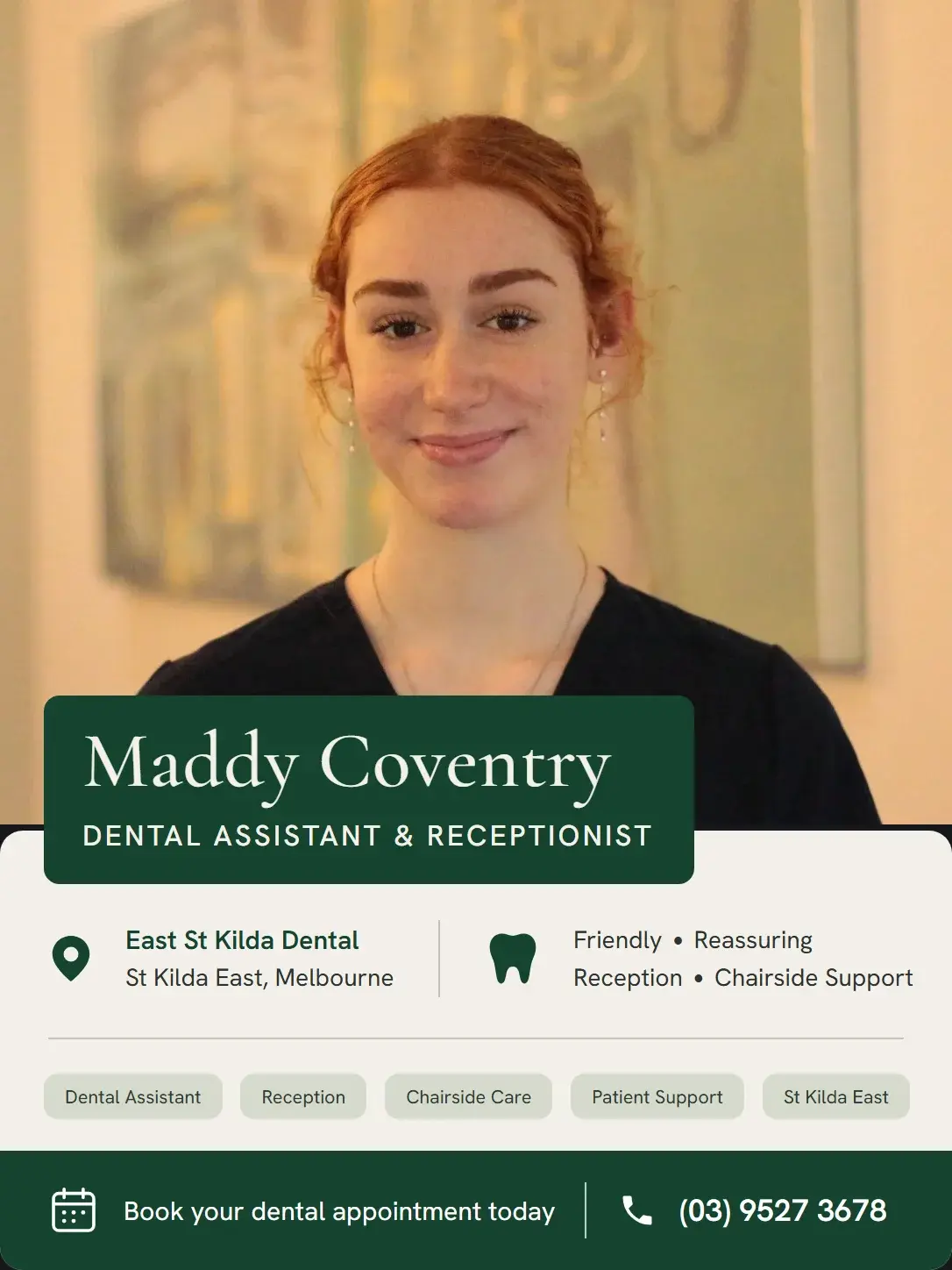 Maddy Coventry, Dental Assistant & Receptionist at East St Kilda Dental