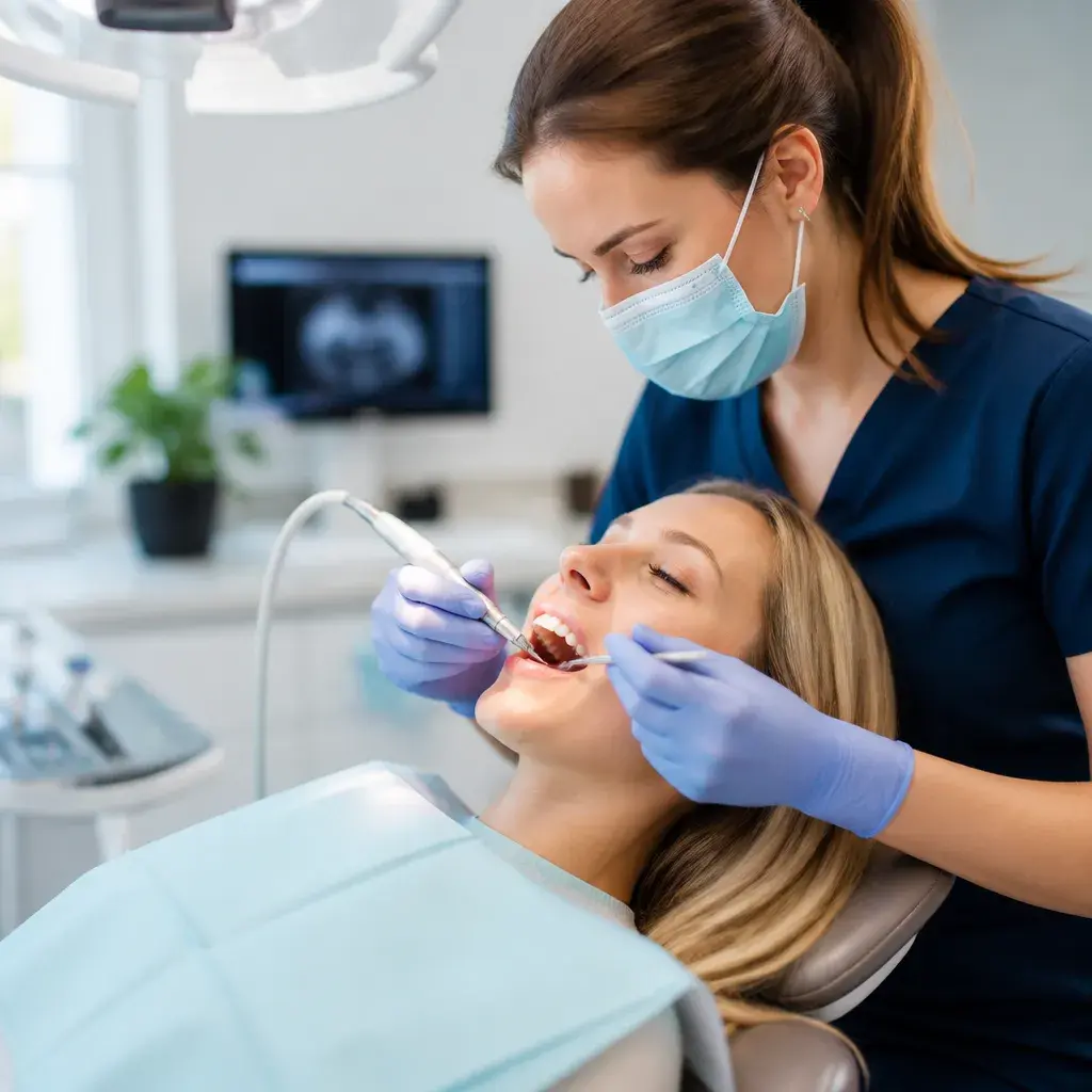 A hygienist using an ultrasonic scaler to clean a relaxed patient's teeth, her scan on the screen behind