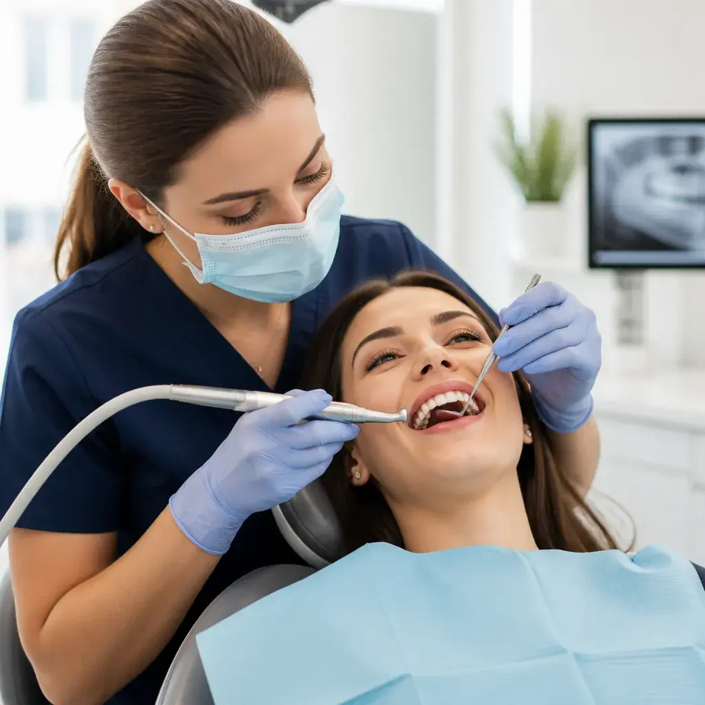 A hygienist scaling and polishing a smiling patient's teeth, with her X-ray on the screen behind