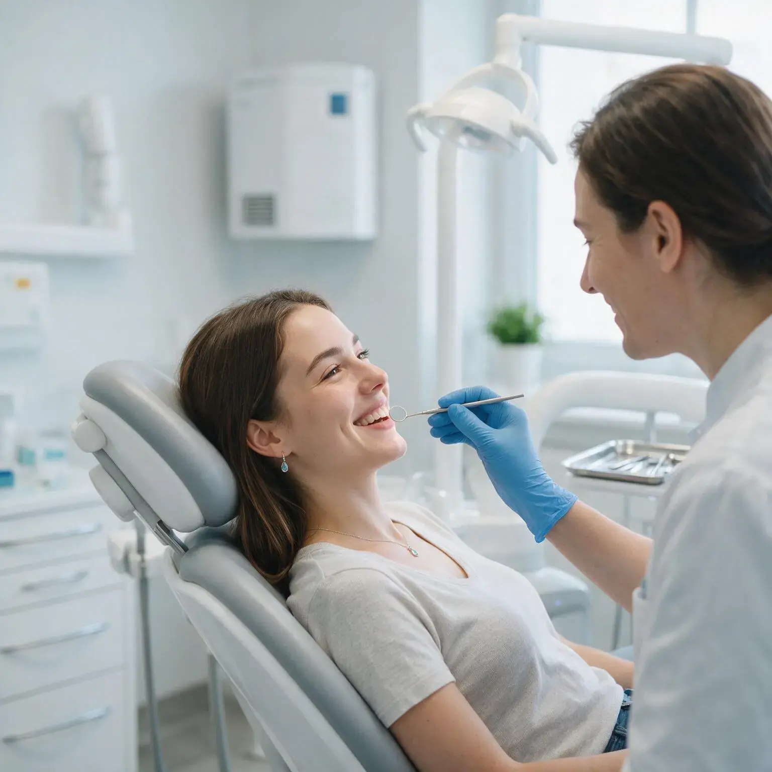 A patient smiling during a gentle scale and clean