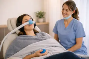 Patient relaxed in a dental chair using nitrous oxide (happy gas) at East St Kilda Dental while a dentist provides gentle, supportive care.