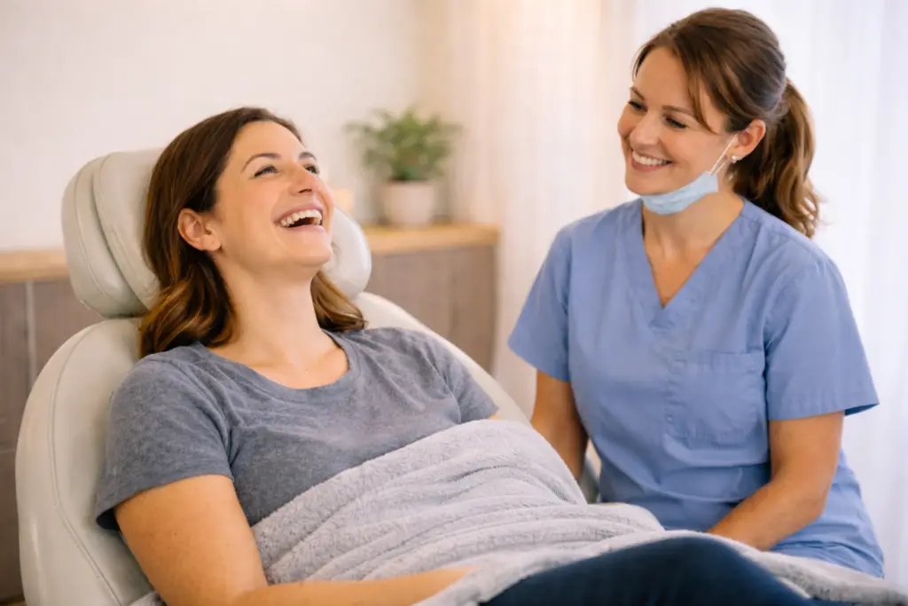Smiling patient feeling relaxed and relieved after a dental visit with happy gas at East St Kilda Dental.