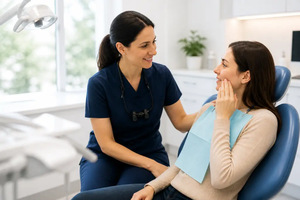 Dentist consulting with patient in modern clinic in East St Kilda Melbourne for dental emergency care.