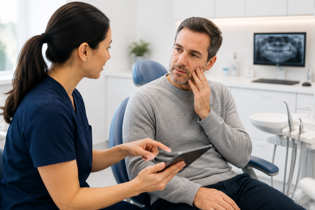 Dentist explaining tooth pain and infection to anxious patient in East St Kilda dental clinic Melbourne.